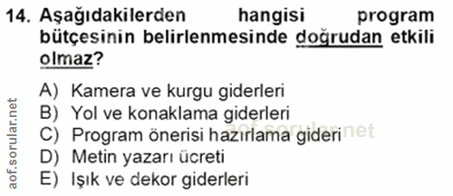 14. soru: Aşağıdakilerden hangisi program bütçesinin belirlenmesinde doğrudan etkili olmaz? A) Kamera ve kurgu giderleri B) Yol…