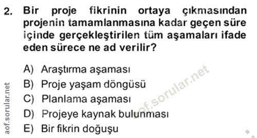 2. soru: Bir proje fikrinin ortaya çıkmasından projenin tamamlanmasına kadar geçen süre içinde gerçekleştirilen tüm aşamaları…