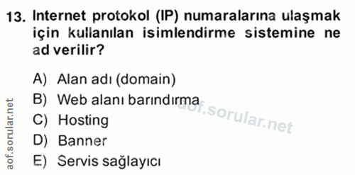 13. soru: Internet protokol (IP) numaralarına ulaşmak için kullanılan isimlendirme sistemine ne ad verilir? A) Alan adı (domain…