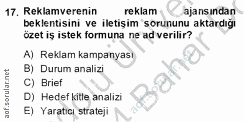 17. soru: Reklamverenin reklam ajansından beklentisini ve iletişim sorununu aktardığı özet iş istek formuna ne ad verilir? A) R…