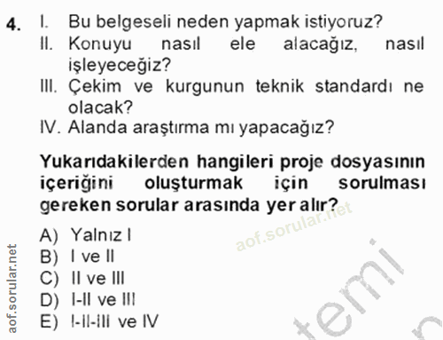 4. soru: I. Bu belgeseli neden yapmak istiyoruz? II. Konuyu nasil ele alacağız, nasil işleyeceğiz? III. Çekim ve kurgunun tekn…