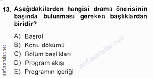 13. soru: Aşağıdakilerden hangisi drama önerisinin başında bulunması gereken başlıklardan biridir? A) Başrol lar.ne B) Konu dök…