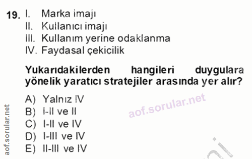 19. soru: I. Marka imaji II. Kullanıcı imajı III. Kullanım yerine odaklanma IV. Faydasal çekicilik Yukarıdakilerden hangileri d…