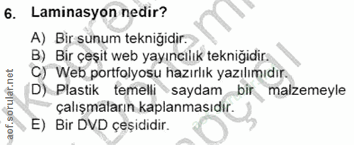 6. soru: Laminasyon nedir? A) Bir sunum tekniğidir. B) Bir çeşit web yayıncilık tekniğidir. C) Web portfolyosu hazırlık yazılı…