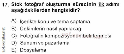 17. soru: Stok fotoğraf oluşturma sürecinin ilk adımı aşağıdakilerden hangisidir? A) İçerikte konu ve tema saptama B) Çekimleri…