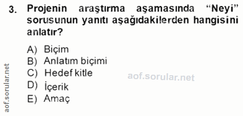 3. soru: Projenin araştırma aşamasında "Neyi" sorusunun yanıtı aşağıdakilerden hangisini anlatır? A) Biçim B) Anlatım biçimi r…