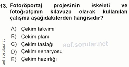 13. soru: Fotoröportaj projesinin iskeleti ve fotoğrafçının kılavuzu olarak kullanılan çalışma aşağıdakilerden hangisidir? A) Ç…