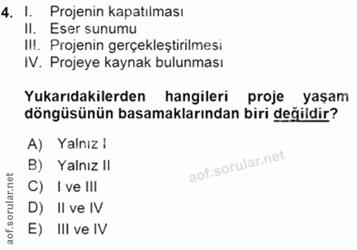 4. soru: I. Projenin kapatılması Il. Eser sunumu II!. Projenin gerçekleştirilmesi IV. Projeye kaynak bulunması Yukarıdakilerde…