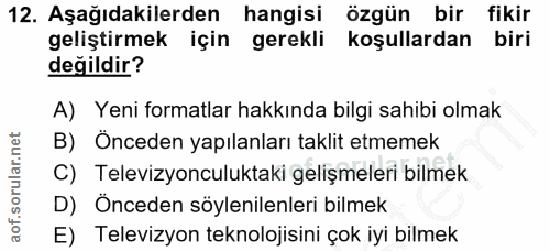 12. soru: Aşağıdakilerden hangisi özgün bir fikir geliştirmek için gerekli koşullardan biri değildir? A) Yeni formatlar hakkınd…