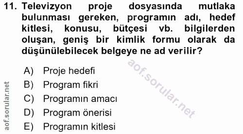 11. soru: Televizyon proje dosyasında mutlaka bulunması gereken, programin adi, hedef kitlesi, konusu, bütçesi vb. bilgilerden…