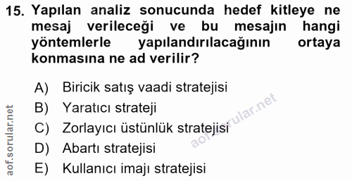15. soru: Yapılan analiz sonucunda hedef kitleye ne mesaj verileceği ve bu mesajın hangi yöntemlerle yapılandırılacağının ortay…
