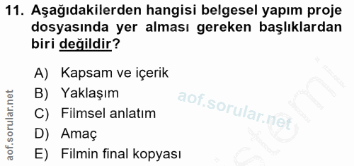 11. soru: Aşağıdakilerden hangisi belgesel yapım proje dosyasında yer alması gereken başlıklardan biri değildir? A) Kapsam ve i…