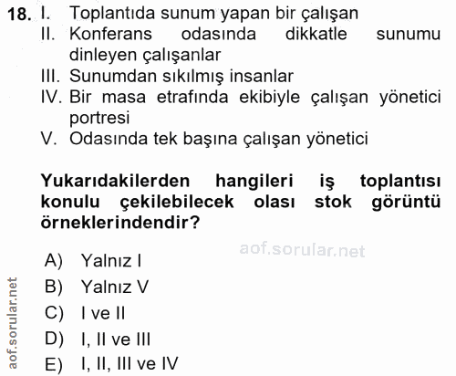 18. soru: I. Toplantıda sunum yapan bir çalışan II. Konferans odasında dikkatle sunumu dinleyen çalışanlar III. Sunumdan sıkılm…