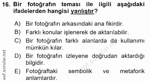16. soru: Bir fotoğrafın teması ile ilgili aşağıdaki ifadelerden hangisi yanlıştır? A) Bir fotoğrafın arkasındaki ana fikirdir.…