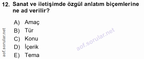 12. soru: Sanat ve iletişimde özgül anlatım biçemlerine ne ad verilir? A) Amaç B) Tür C) Konu D) İçerik E) Tema