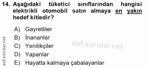 14. soru: Aşağıdaki tüketici sınıflarından hangisi elektrikli otomobil satın almaya en yakın hedef kitledir? A) Gayretliler B)…