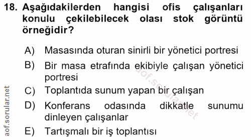 18. soru: Aşağıdakilerden hangisi ofis çalışanları konulu çekilebilecek olası stok görüntü örneğidir? A) Masasında oturan sinir…