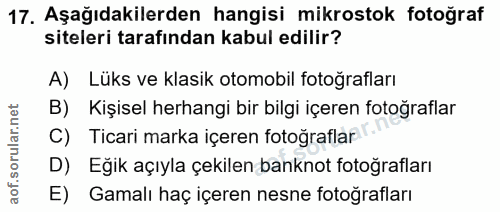 17. soru: Aşağıdakilerden hangisi mikrostok fotoğraf siteleri tarafından kabul edilir? A) Lüks ve klasik otomobil fotoğrafları…
