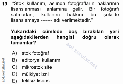 19. soru: "Stok kullanım, aslında fotoğrafların haklarının lisanslanması anlamına gelir. Bir fotoğrafi satmadan, kullanım hakkı…