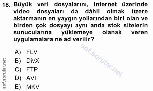 18. soru: Büyük veri dosyalarını, internet üzerinde video dosyaları da dâhil olmak üzere aktarmanın en yaygın yollarından biri…