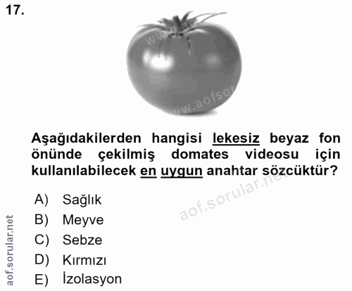 17. soru: Aşağıdakilerden hangisi lekesiz beyaz fon önünde çekilmiş domates videosu için kullanılabilecek en uygun anahtar sözc…