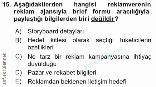 15. soru: Aşağıdakilerden hangisi reklamverenin reklam ajansıyla brief formu aracılığıyla paylaştığı bilgilerden biri değildir?…