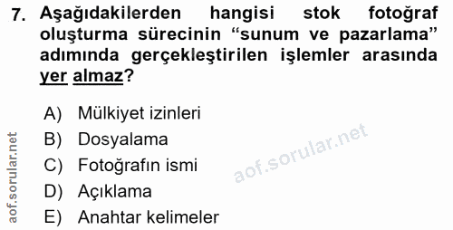 7. soru: Aşağıdakilerden hangisi stok fotoğraf oluşturma sürecinin "sunum ve pazarlama" adımında gerçekleştirilen işlemler ara…