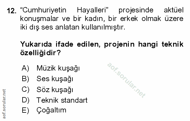 12. soru: "Cumhuriyetin Hayalleri" projesinde aktüel konuşmalar ve bir kadın, bir erkek olmak üzere iki dış ses anlatan kullanı…
