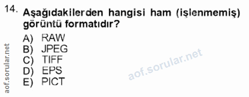 14. soru: Aşağıdakilerden hangisi ham (işlenmemiş) görüntü formatıdır? A) RAW B) JPEG C) TIFF D) EPS E) PICT