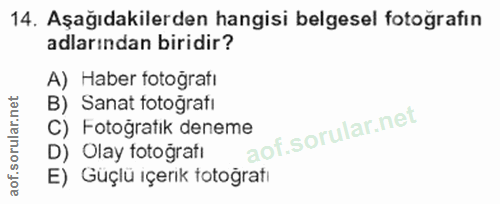 14. soru: Aşağıdakilerden hangisi belgesel fotoğrafın adlarından biridir? A) Haber fotoğrafı B) Sanat fotoğrafi C) Fotoğratik d…
