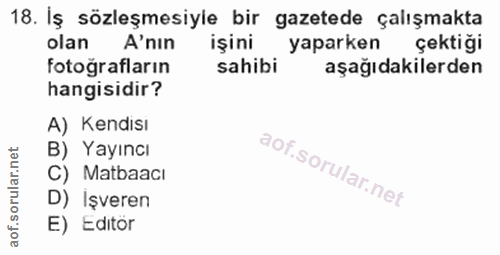 18. soru: İş sözleşmesiyle bir gazetede çalışmakta olan A'nin işini yaparken çektiği fotoğrafların sahibi aşağıdakilerden hangi…