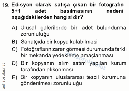 19. soru: Edisyon olarak satışa çıkan bir fotoğrafın 5+1 adet basılmasının nedeni aşağıdakilerden hangisidir? A) Ulusal galeril…