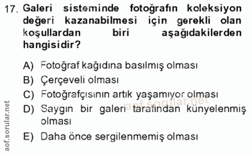 17. soru: Galeri sisteminde fotoğrafın koleksiyon değeri kazanabilmesi için gerekli olan koşullardan biri aşağıdakilerden hangi…