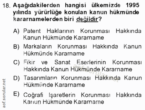18. soru: Aşağıdakilerden hangisi ülkemizde 1995 yılında yürürlüğe konulan kanun hükmünde kararnamelerden biri değildir? A) Pat…