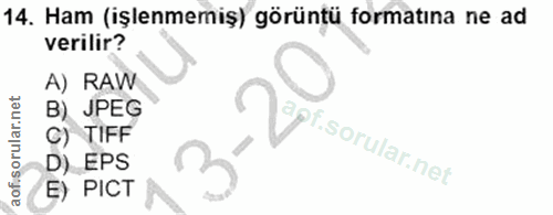14. soru: Ham (işlenmemiş) görüntü formatına ne ad verilir? A) RAW B) JPEG agt. C) TIFF D) EPS E) PICT
