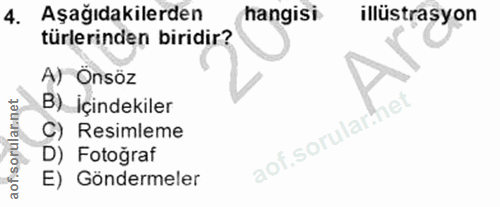 4. soru: Aşağıdakilerden hangisi illüstrasyon türlerinden biridir? A) Önsöz B) İçindekiler nel aofisorulan.net C) Resimleme D)…