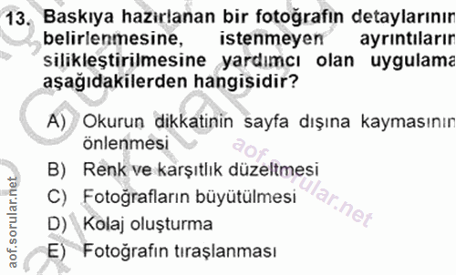 13. soru: Baskıya hazırlanan bir fotoğrafın detaylarınır belirlenmesine, istenmeyen ayrıntılarır silikleştirilmesine yardımcı o…