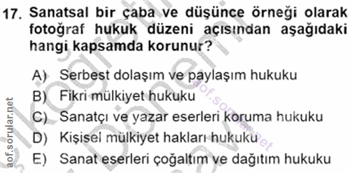 17. soru: Sanatsal bir çaba ve düşünce örneği olarak fotoğraf hukuk düzeni açısından aşağıdaki hangi kapsamda korunur? A) Serbe…