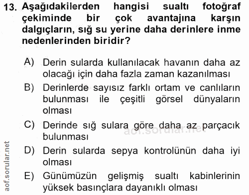 13. soru: Aşağıdakilerden hangisi sualtı fotoğraf çekiminde bir çok avantajına karşın dalgıçların, sığ su yerine daha derinlere…