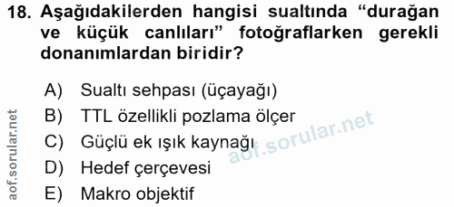 18. soru: Aşağıdakilerden hangisi sualtında "durağan ve küçük canlıları" fotoğraflarken gerekli donanımlardan biridir? A) Sualt…