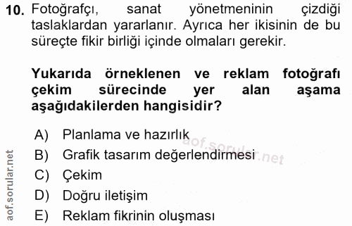 10. soru: Fotoğrafçı, sanat yönetmeninin çizdiği taslaklardan yararlanır. Ayrıca her ikisinin de bu süreçte fikir birliği içind…