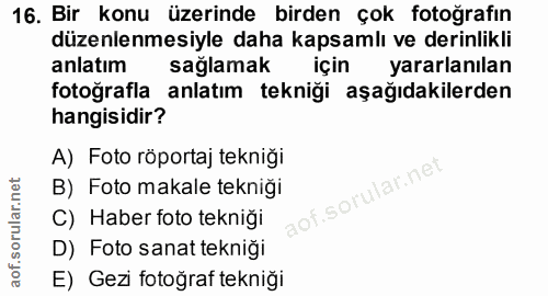 16. soru: Bir konu üzerinde birden çok fotoğrafın düzenlenmesiyle daha kapsamlı ve derinlikli anlatım sağlamak için yararlanıla…