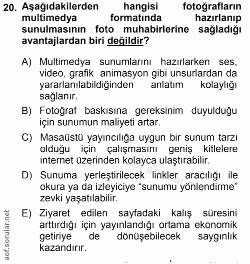 20. soru: Aşağıdakilerden hangisi fotoğrafların multimedya formatında hazırlanıp sunulmasının foto muhabirlerine sağladığı avan…