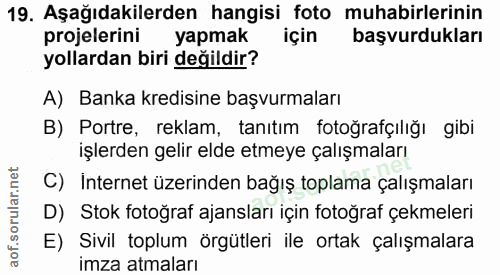 19. soru: Aşağıdakilerden hangisi foto muhabirlerinin projelerini yapmak için başvurdukları yollardan biri değildir? A) Banka k…