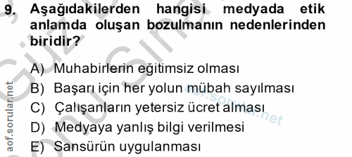 9. soru: Aşağıdakilerden hangisi medyada etik anlamda oluşan bozulmanın nedenlerinden biridir? A) Muhabirlerin eğitimsiz olmas…