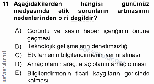 11. soru: Aşağıdakilerden hangisi günümüz medyasında etik sorunların artmasının nedenlerinden biri değildir? A) Görüntü ve sesi…