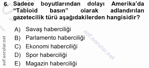 6. soru: Sadece boyutlarından dolayı Amerika'da "Tabloid basın" olarak adlandırılan gazetecilik türü aşağıdakilerden hangisidi…