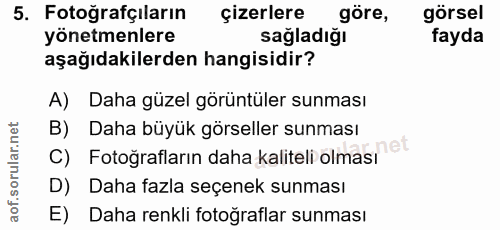 5. soru: Fotoğrafçıların çizerlere göre, görsel yönetmenlere sagladığı fayda aşağıdakilerden hangisidir? A) Daha güzel görüntü…