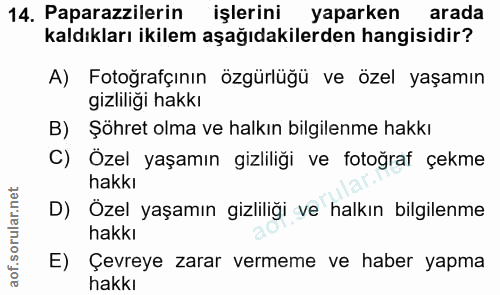 14. soru: Paparazzilerin işlerini yaparken arada kaldıkları ikilem aşağıdakilerden hangisidir? A) Fotoğrafçının özgürlüğü ve öz…