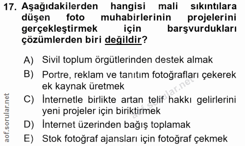 17. soru: Aşağıdakilerden hangisi mali sıkıntılara düşen foto muhabirlerinin projelerini gerçekleştirmek için başvurdukları çöz…